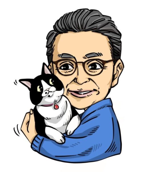 スーツ姿の永松杵築市長が猫を抱くアニメ風似顔絵アイコン